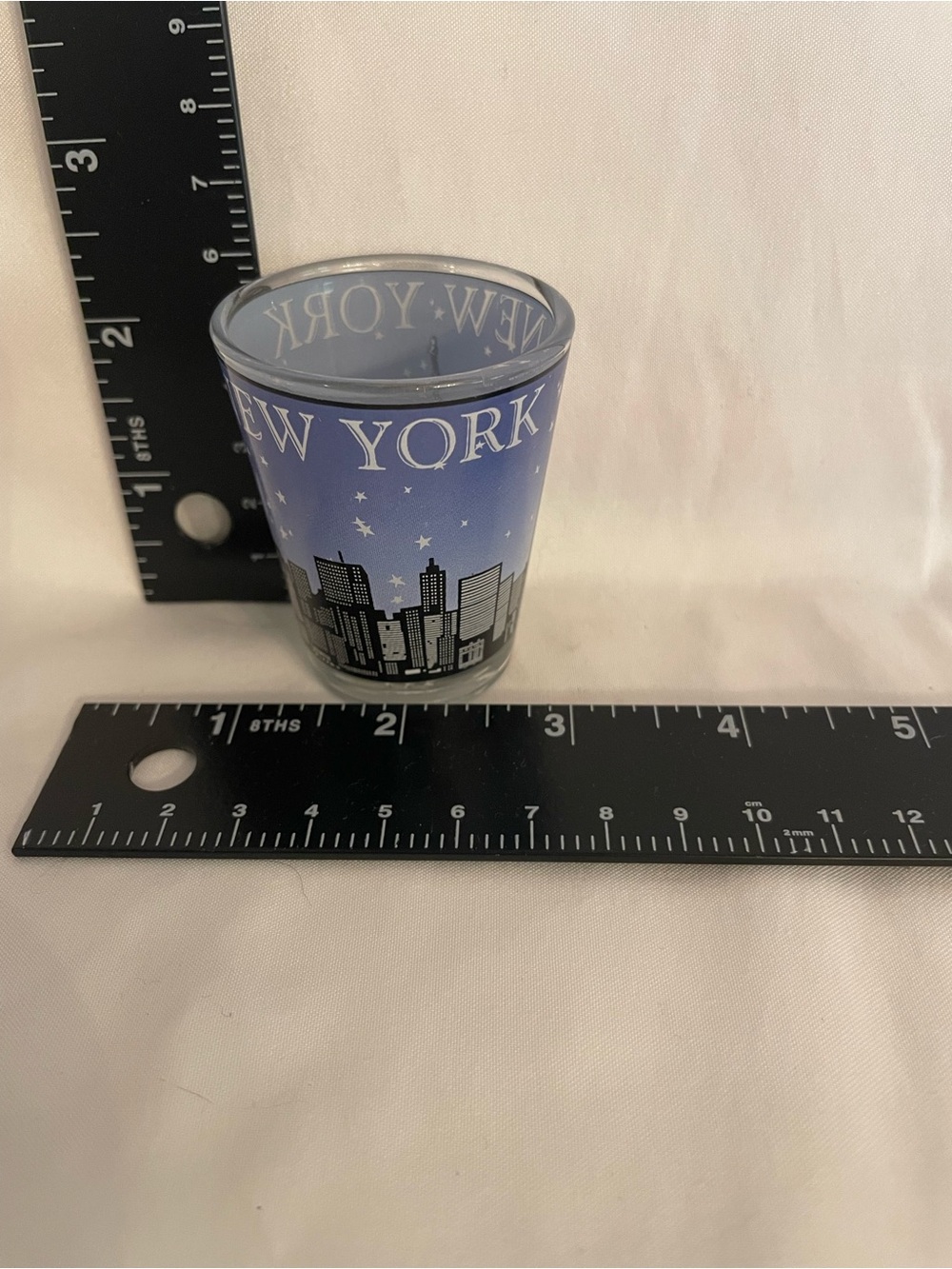 New York Skyline with Twin Towers Blue Shot Glass pre 9/11 souvenir